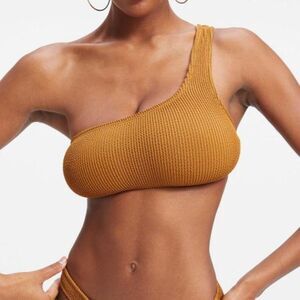 Good American Crinkle One Shoulder Bikini Swim Top Always Fits Brown Size 1/2